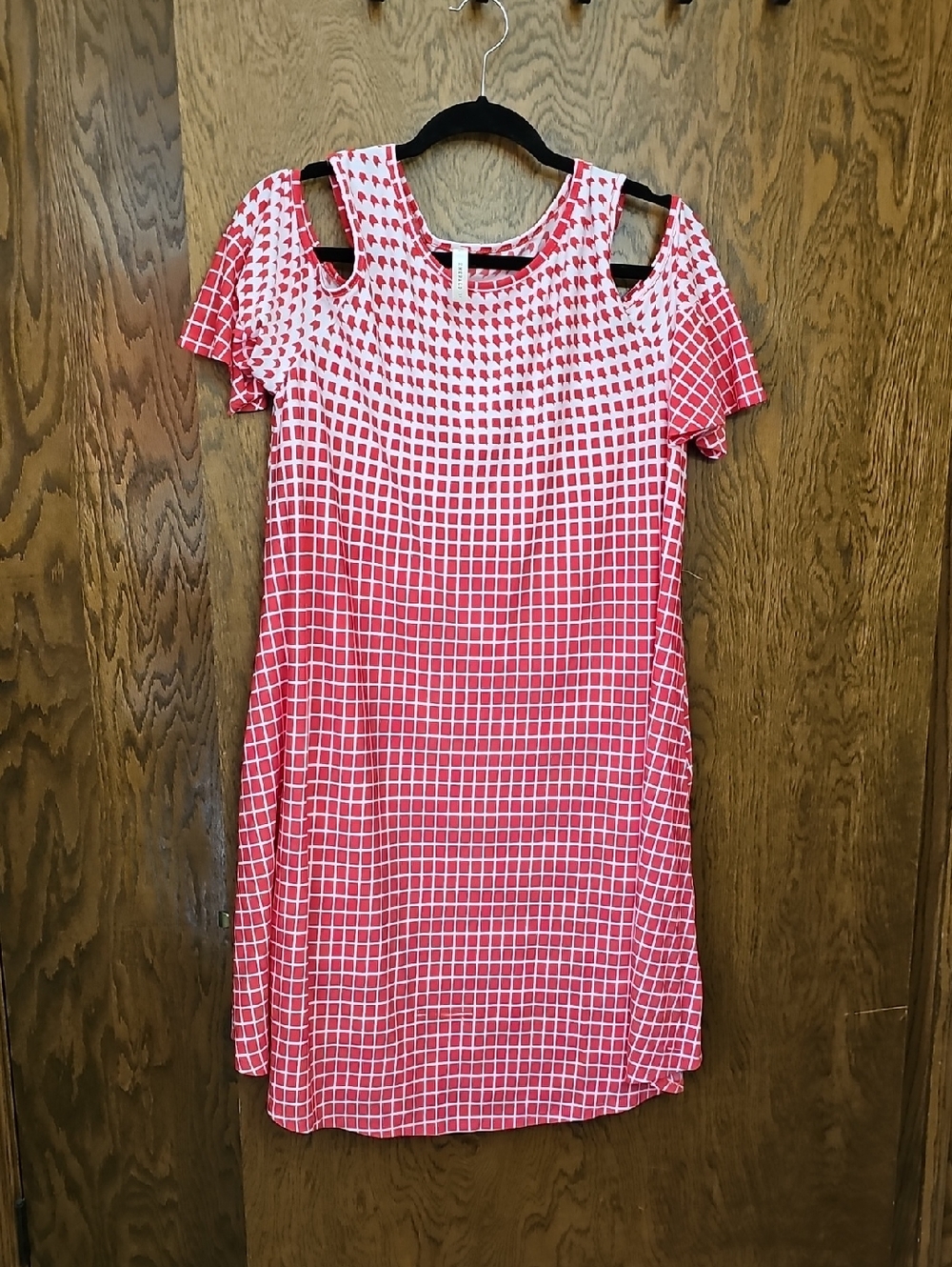 Emerald Red and White Geometric Crewneck Dress